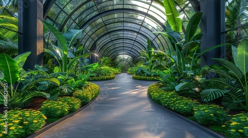 A winding path through a lush green greenhouse.
