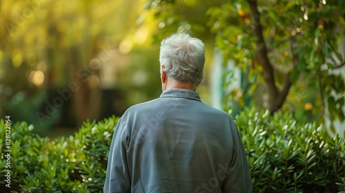 contemplative mature man standing before manicured shrub rear view perspective