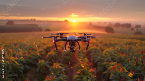 Drone flying over a field of wheat at sunset.