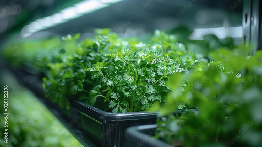 Closeup of fresh parsley growing under grow lights in a hydroponic farm. Closeup of fresh parsley growing under grow lights in a hydroponic farm.