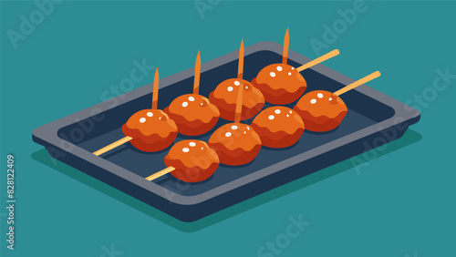 A tray of bitesized chicken skewers glazed with a sweet and tangy barbecue sauce for a tasty protein option.. Vector illustration