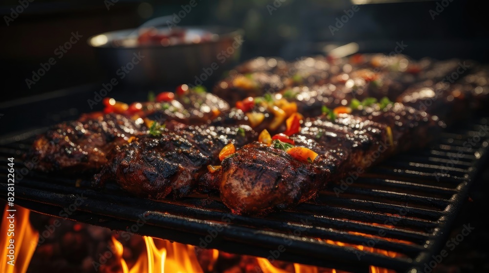 Realistic grilled barbeque with melted barbeque sauce and cut vegetables, black and blur background Realistic grilled barbeque with melted barbeque sauce and cut vegetables, black and blur background