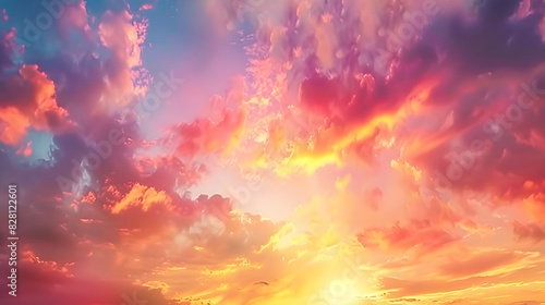 Real majestic sunrise sundown sky background with gentle colorful clouds without birds. Panoramic
