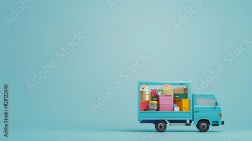 Produce a realistic CG 3D image of a blue loading truck filled with colorful belongings seen from an eye-level angle against a plain pastel solid background, leaving ample copy spa photo