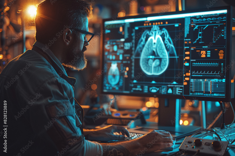Radiologist using futuristic ultrasound device, hologram of deep veins, advanced diagnostics, Steampunk, 3D render, Warm tones Radiologist using futuristic ultrasound device, hologram of deep veins, advanced diagnostics, Steampunk, 3D render, Warm tones