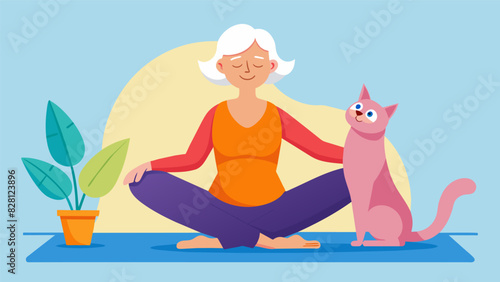 A senior practicing yoga with her emotional support cat perched on her back finding peace and relaxation in the calmness of their shared routine.. Vector illustration