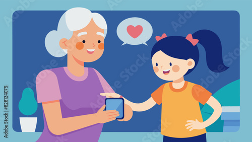 A grandmother and granddaughter bonding while discussing the benefits of using a fitness tracker to monitor exercise.. Vector illustration