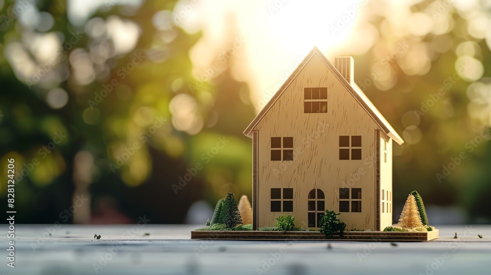 Miniature wooden house model on a table with a blurry background, symbolizing real estate, home, and sustainability with warm sunlight. Miniature wooden house model on a table with a blurry background, symbolizing real estate, home, and sustainability with warm sunlight.