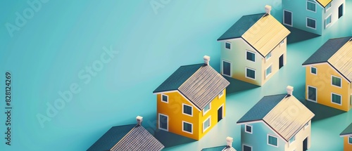 Aerial view of colorful miniature houses arranged in a neat pattern on a blue background, symbolizing real estate and housing concepts.