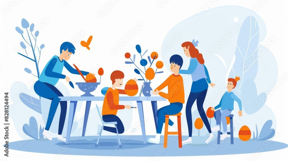 Design a graphic of children painting Easter eggs at a table Highlight their creativity and joy Ensure there is ample copy space on one side for text Design a graphic of children painting Easter eggs at a table Highlight their creativity and joy Ensure there is ample copy space on one side for text
