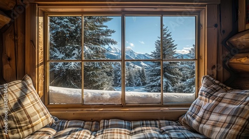 A cozy window seat inside a warm cabin with a view of snow-covered pine trees and mountains in the distance, perfect for a winter retreat.
