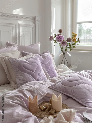 The image you shared is of a light purple heart-patterned plush velvet quilt, which conveys a sense of warmth and comfort for resting. The heart pattern symbolizes love and gentleness.