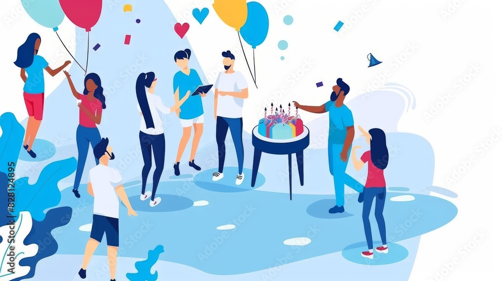 Illustrate a dynamic, eye-level view of a birthday activity, emphasizing space for text against a colorful, celebratory backdrop Illustrate a dynamic, eye-level view of a birthday activity, emphasizing space for text against a colorful, celebratory backdrop