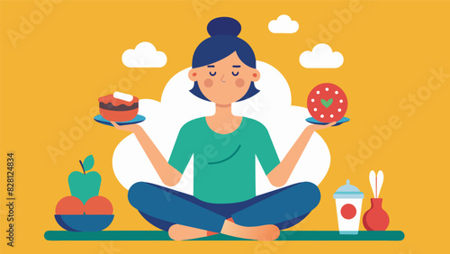 A person recovering from an eating disorder learns to reintroduce food in a mindful way paying attention to their bodys signals and fully enjoying the taste of each bite without. Vector illustration