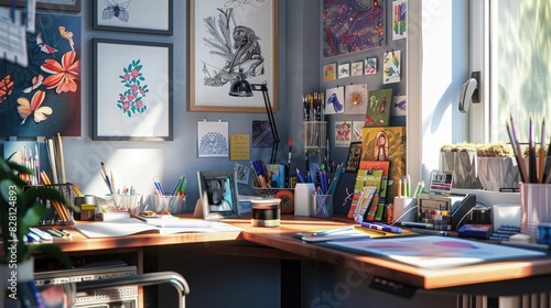 A creative study spot with a custom corner desk, artistic supplies, and inspiration boards, tailored for graduate students in creative fields who value organization and a clean workspace.