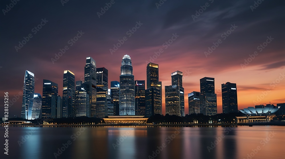 Fototapeta premium cityscape at night with tall buildings lit up and reflecting