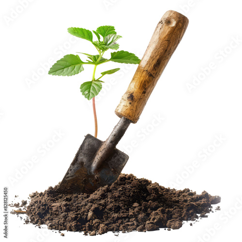 Spade in the soil with a green sprout. The concept of gardening, plant care.