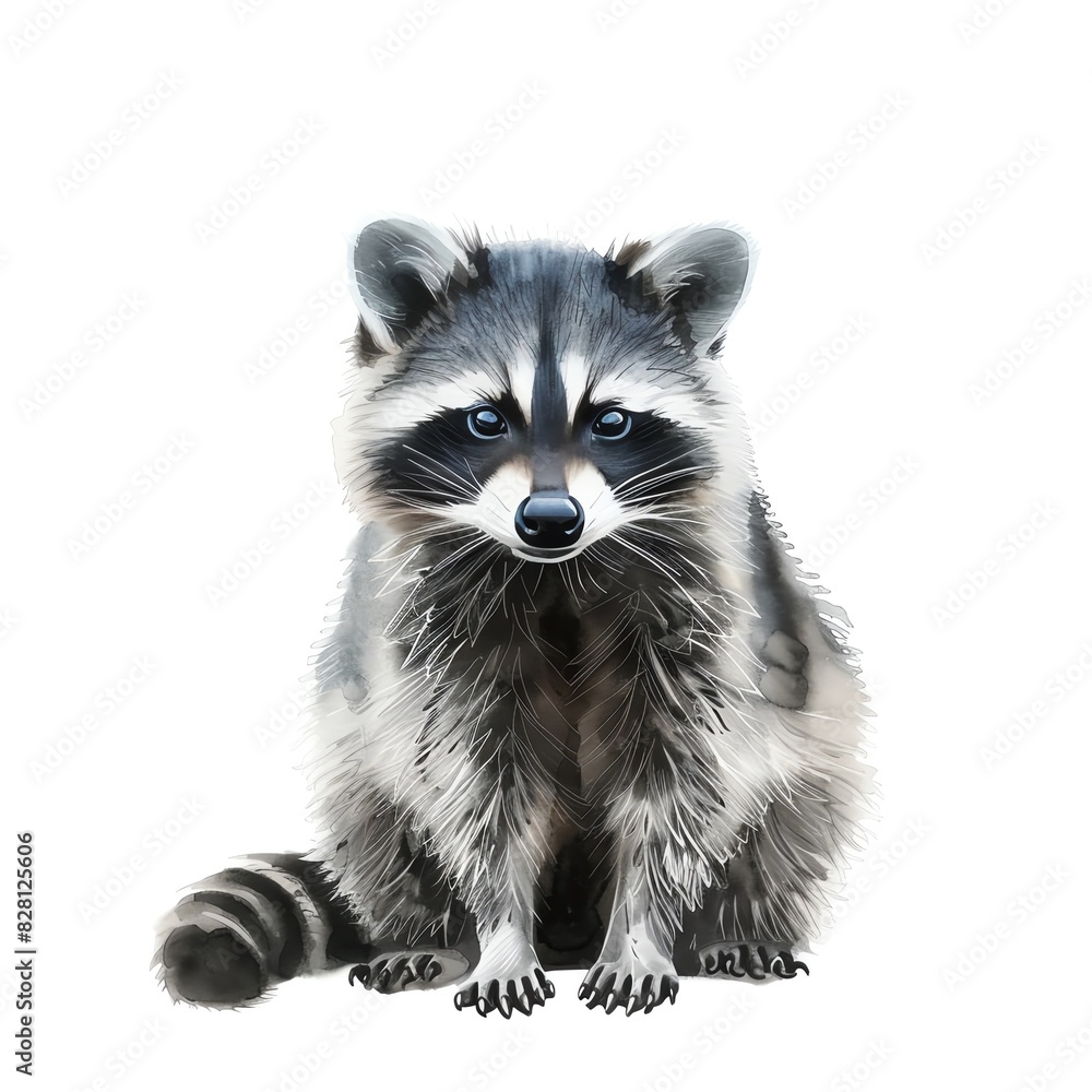 Obraz premium Generate a watercolor painting of a raccoon sitting on a white background. The raccoon should be looking at the viewer with its head tilted slightly to the side.