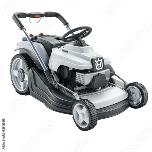 The image shows a white and gray lawn mower with a black handle. The lawn mower has four wheels and a large blade in the front. photo