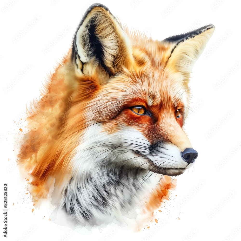 Fototapeta premium A beautiful watercolor painting of a red fox. The fox is looking to the right of the frame with an orange background.