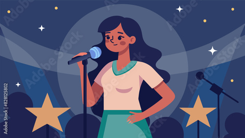 A teenager singing her heart out at an open mic night using music to overcome her shyness and build her selfconfidence. The stage becomes her safe space where she can let her. Vector illustration