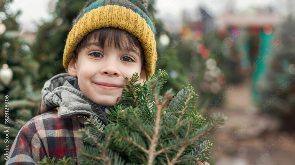 excited young boy holding freshly cut christmas tree at festive tree lot holiday tradition excited young boy holding freshly cut christmas tree at festive tree lot holiday tradition