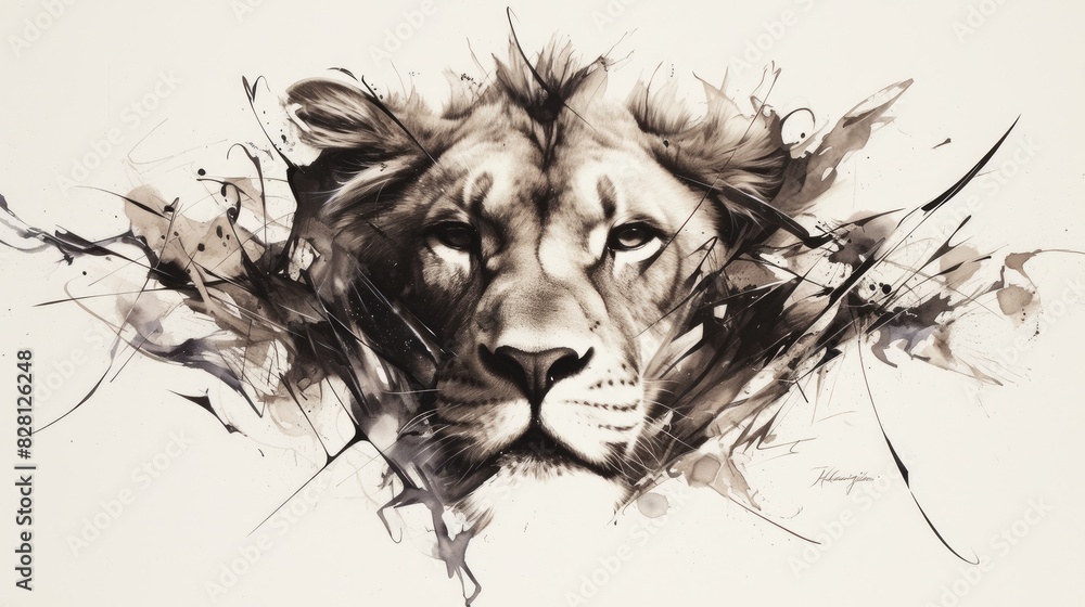 Fototapeta premium A striking depiction of a lion s face against a white backdrop