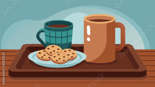 A rustic farmhousestyle tray adorned with a mug of steaming hot cocoa and a plate of freshly baked oatmeal raisin cookies perfect for a chilly. Vector illustration