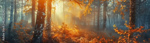 Sunlit Autumn Forest with Misty Morning