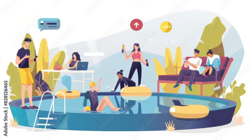Design a captivating, flat illustration of a lively pool party scene with a wide view, offering ample copy space in the background for additional messaging Design a captivating, flat illustration of a lively pool party scene with a wide view, offering ample copy space in the background for additional messaging