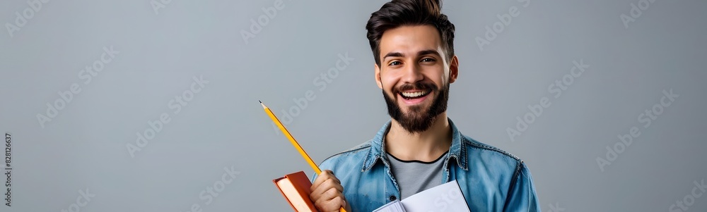 Fototapeta premium person holding pen and book with black chalkboard backdrop