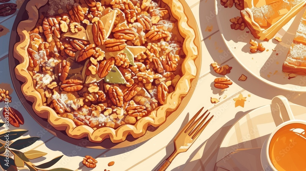 A beautifully crafted pecan pie nestled in a buttery crust bursting with heartwarming flavors and adorned with a sprinkling of crunchy wholesome pecan seeds A beautifully crafted pecan pie nestled in a buttery crust bursting with heartwarming flavors and adorned with a sprinkling of crunchy wholesome pecan seeds