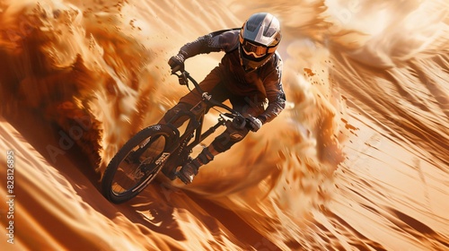 This image captures a thrilling moment of a mountain biker riding through a sandy terrain. The biker is wearing full protective gear.