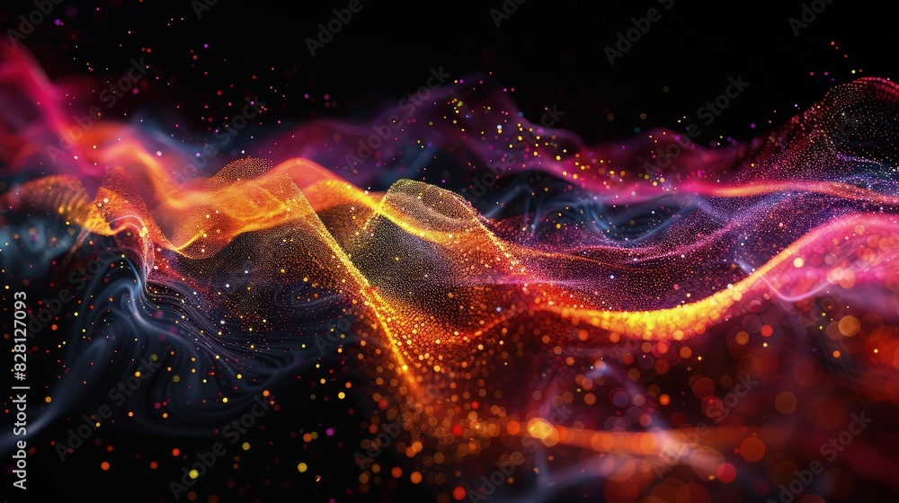 A dynamic 3D render of a digital particle wave, illustrating the flow of Big Data and the neural networks of Artificial Intelligence, with vibrant colors against a black backdrop. A dynamic 3D render of a digital particle wave, illustrating the flow of Big Data and the neural networks of Artificial Intelligence, with vibrant colors against a black backdrop.