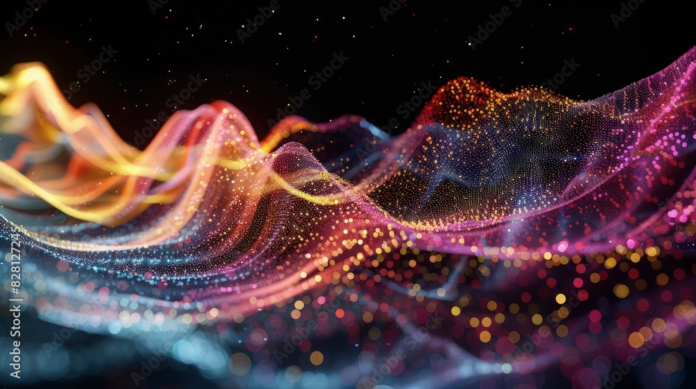 A dynamic 3D render of a digital particle wave, illustrating the flow of Big Data and the neural networks of Artificial Intelligence, with vibrant colors against a black backdrop. A dynamic 3D render of a digital particle wave, illustrating the flow of Big Data and the neural networks of Artificial Intelligence, with vibrant colors against a black backdrop.