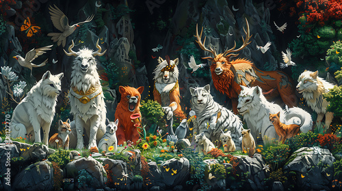 illustration of a mythical menagerie featuring legendary beasts from folklore and mythology including griffins centaurs phoenixes and sphinxes coexisting in a magical realm of wonder and enchantment