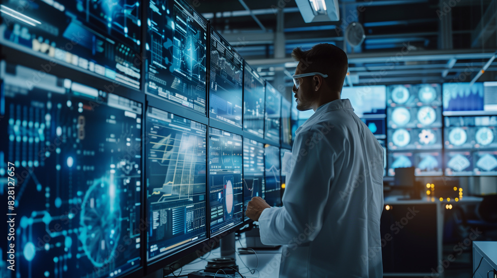A man in a lab coat is looking at a computer monitor with a lot of data on it A man in a lab coat is looking at a computer monitor with a lot of data on it
