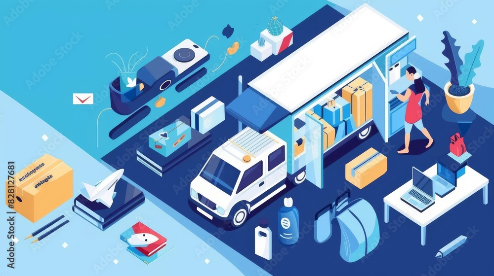 Fototapeta premium Craft a digital illustration of a modern delivery truck packed with diverse items viewed from an eye-level angle, set against a soft plain pastel solid background, with plenty of s