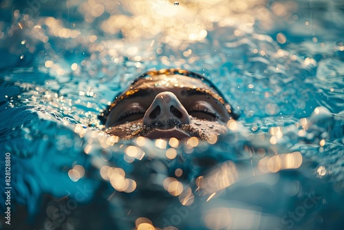 A person swims laps in a clear blue pool while wearing a mask