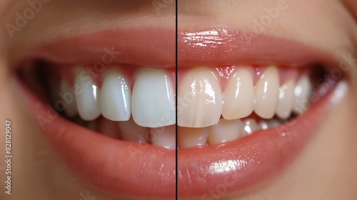 Before and after images of a woman's teeth, demonstrating the results of veneers installation and braces. Dentistry's ability to correct and enhance dental aesthetics.