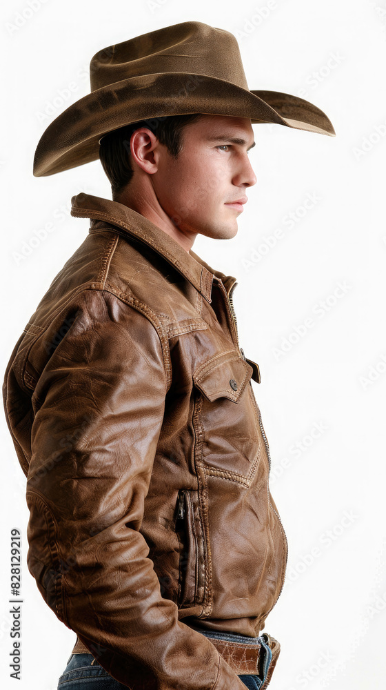 Fototapeta premium Young handsome western male cowboy model standing wearing leather cowboy hat, leather jacket, leather belt and boots isolated on white background viewed from side