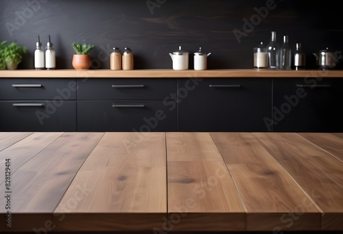 empty clean table in front of kitchen  modern interior design. wood  marble  grey  black  white 