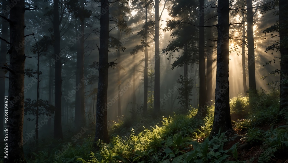 Obraz premium shows tall tress in a forest with bright rays of sunlight shining through the trees