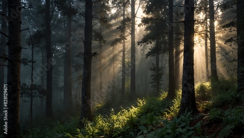  shows tall tress in a forest with bright rays of sunlight shining through the trees