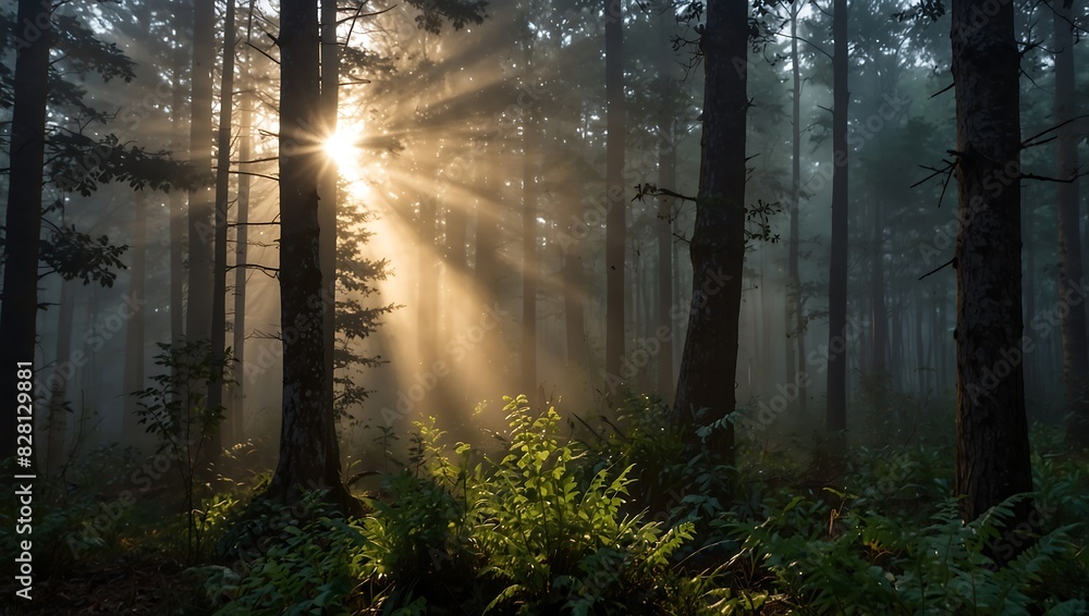Naklejka premium shows tall tress in a forest with bright rays of sunlight shining through the trees
