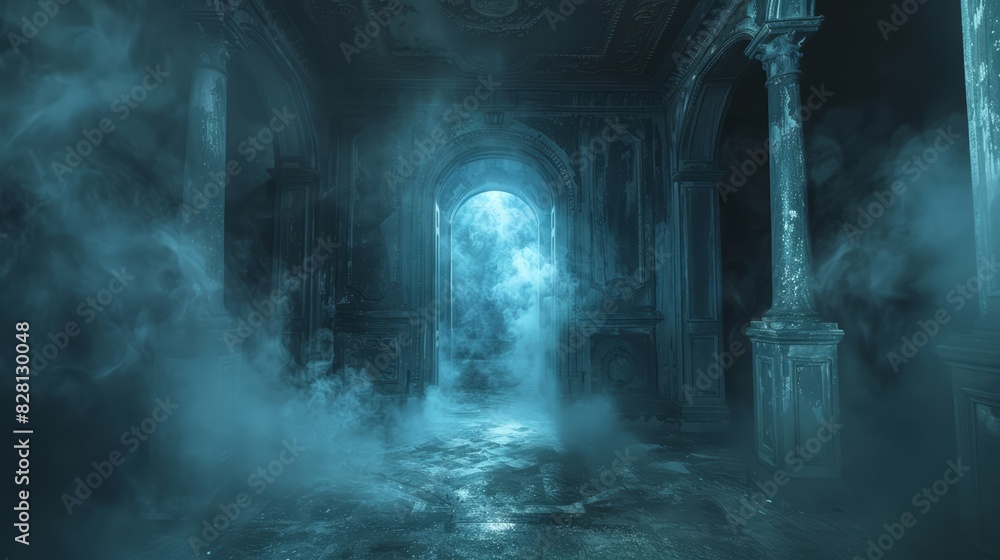 Dark room enveloped in thick fog, with a faint light piercing through, revealing hidden details and creating a mysterious ambiance. Dark room enveloped in thick fog, with a faint light piercing through, revealing hidden details and creating a mysterious ambiance.