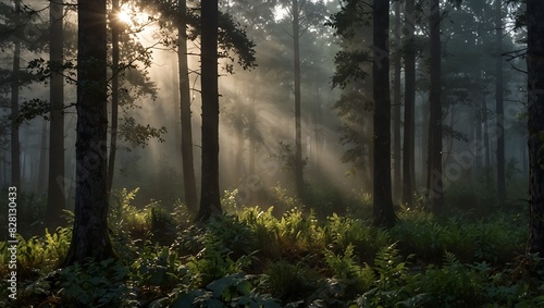 shows tall tress in a forest with bright rays of sunlight shining through the trees