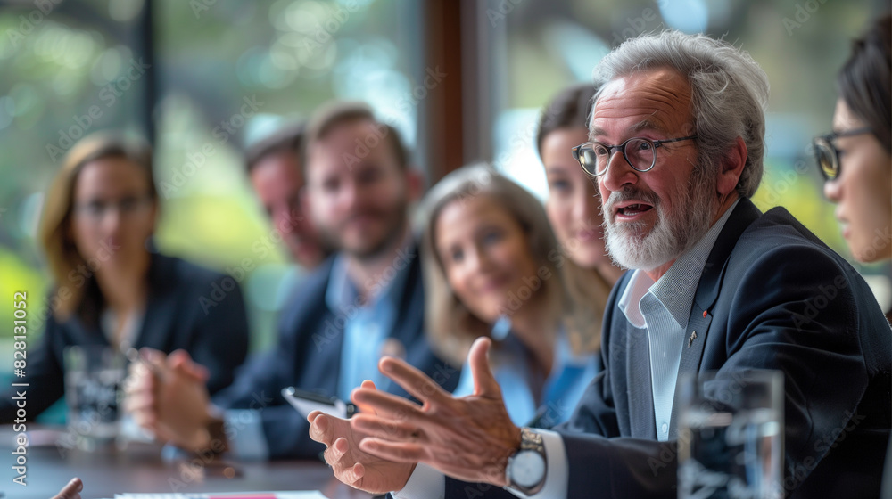 A man in a suit is talking to a group of people A man in a suit is talking to a group of people