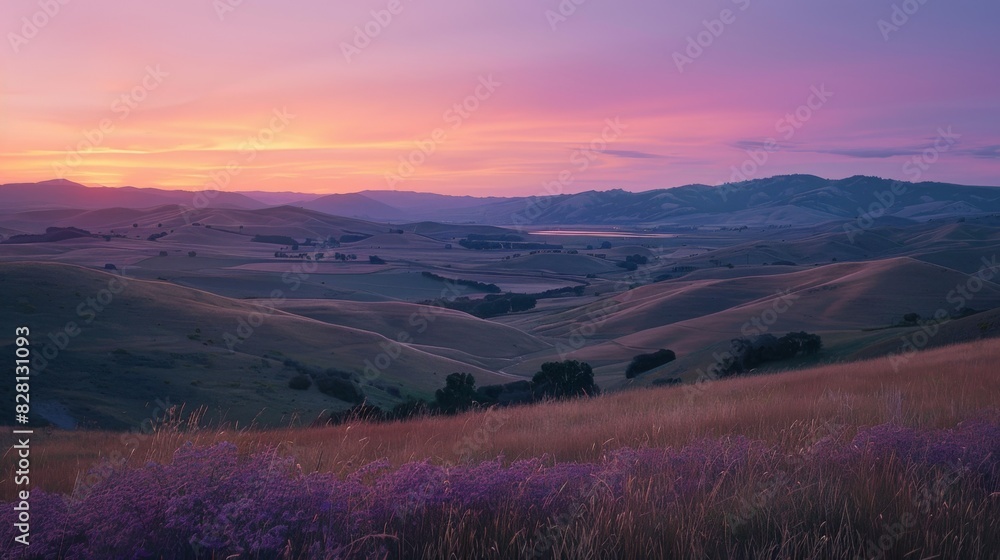 Sunset Over Rolling Hills with Wildflowers Sunset Over Rolling Hills with Wildflowers
