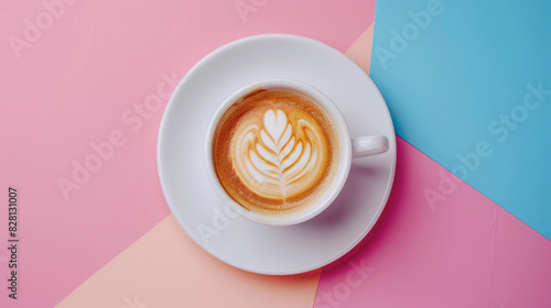 Top view a cup of cappuccino coffee with latte art in a white ceramic cup on a saucer on a combination of several soft pastel colors background